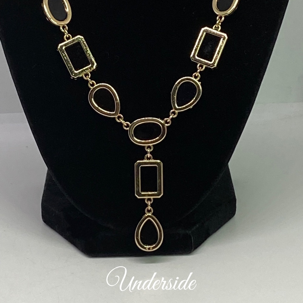 Vintage Chandelier Blk Faceted Faux Onyx Gold-Tone Earrings & Geometric Necklace - Picture 5 of 6